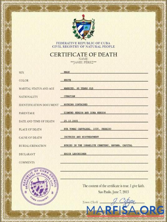 Downloadable Cuba vital record death certificate PSD template
